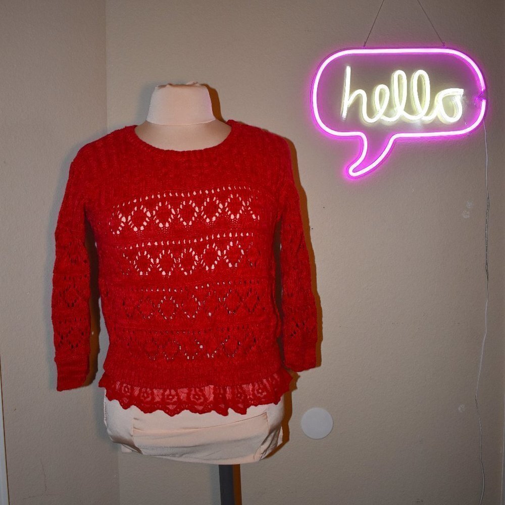 American RAG RED LACE OPEN KNIT SWEATER